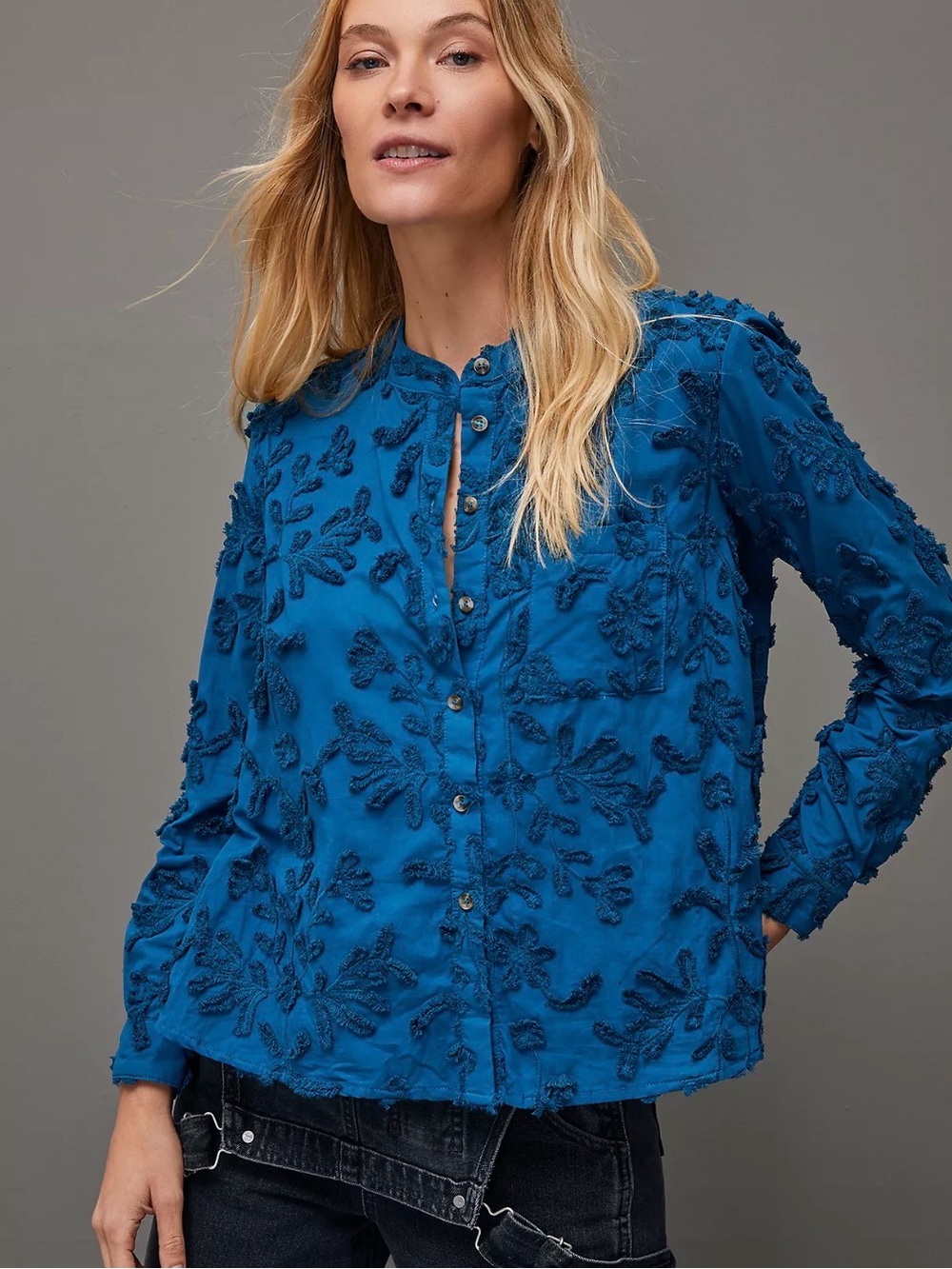 Pilcro Teal-Blue Embroidered Button-Down Shirt